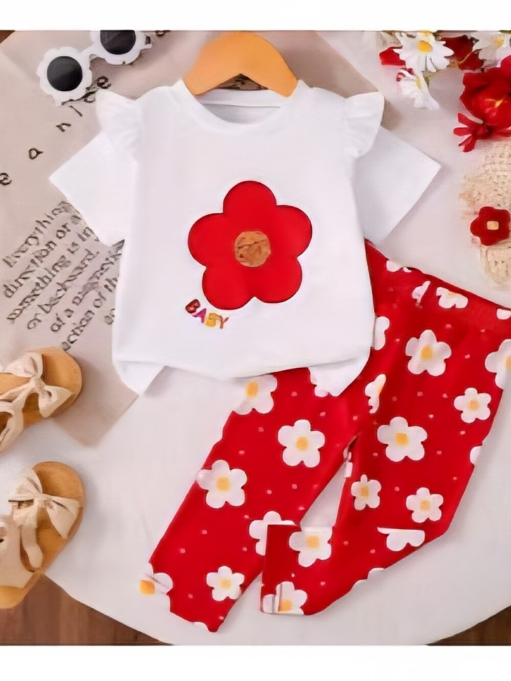 Girl's Floral Red & White Top And Pants Set, Size 2-3Y